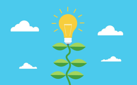 An illustration of a yellow lightbulb on top of a flower stem surrounded by blue sky and white fluffy clouds.